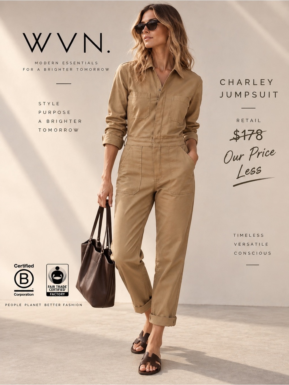 Utility Cotton Jumpsuit in Khaki - Women's Casual Workwear